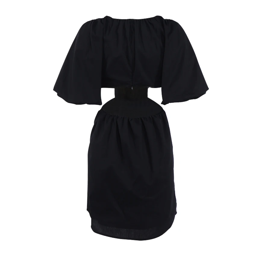

Restve Black Womens Dresses Puff Sleeve O Neck High Waist Short Dress Sexy Cut-Out A Line Cotton Female Casual Summer Solid 2021