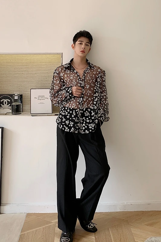 

Stage Show Clothing Men See Through Long Sleeve Casual Thin Flower Shirt Male Vintage Fashion Streetstyle Loose Dress Shirts
