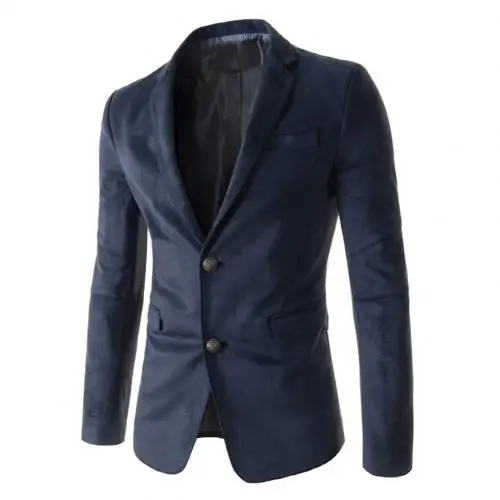 Dark Blue Лидер продаж, модная мужская однотонная тонкая куртка с отворотом, двойной пиджак на пуговицах, костюм с длинными рукавами, повседневное простое пальто - Цвет: Dark Blue