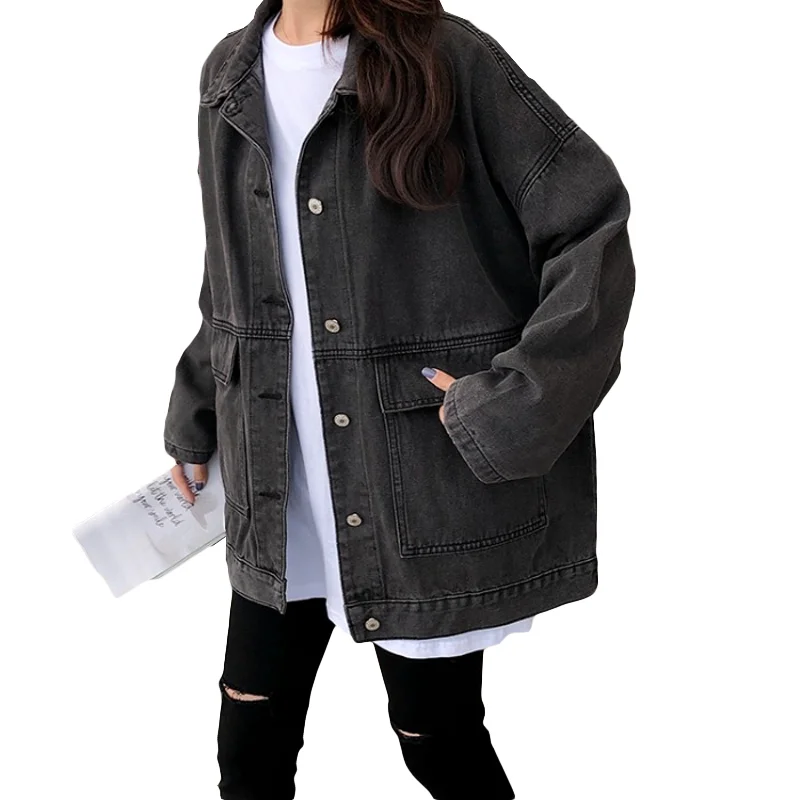 Женская джинсовая куртка свободного покроя синяя черная в стиле ретро хомут из