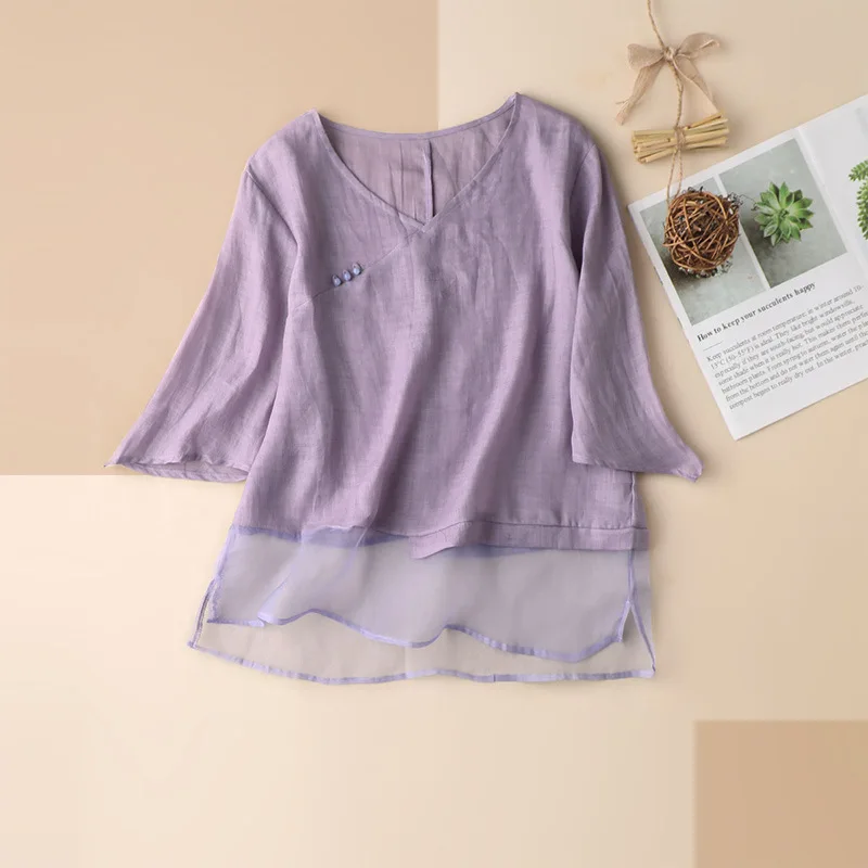 

SHUCHAN Purple Blouses for Women Chinese Style Ramie Patchwork V-Neck Three Quarter Sleeve Spliced Ladies Tops