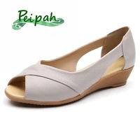 peipah plus size 35 43 genuine leather wedges sandals women summer shoes casual slip on peep toe sandals solid platform sandals