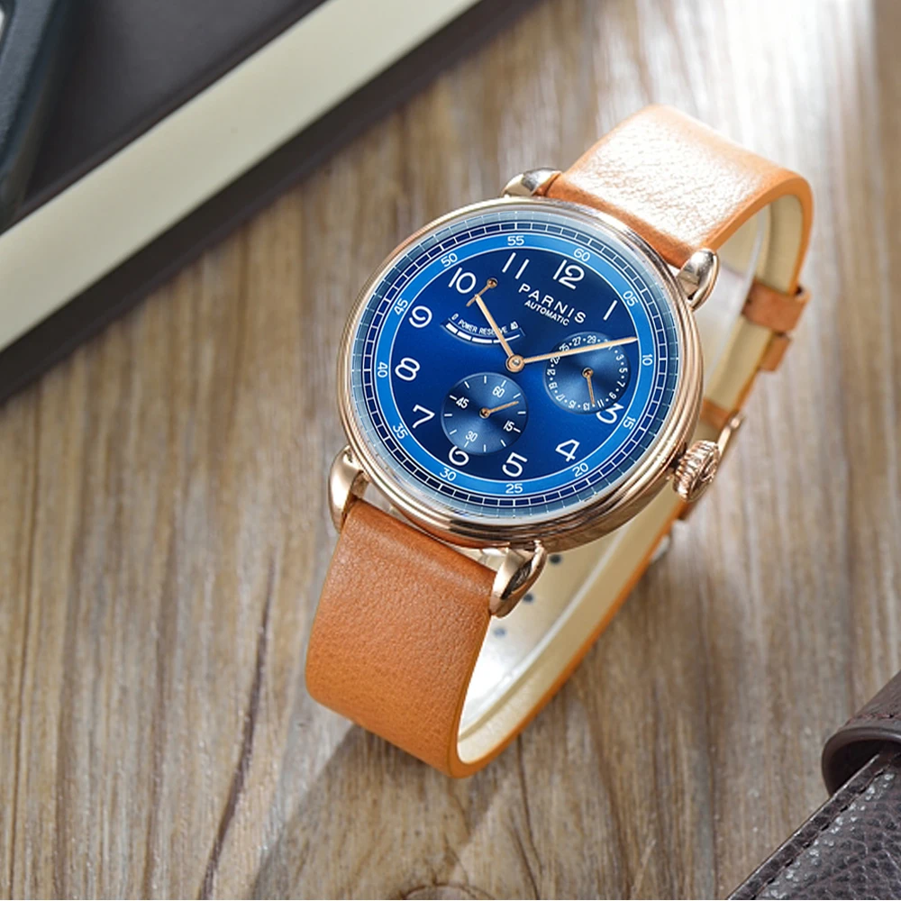 

Fashion Parnis 42mm Rose Gold Case Automatic Mechanical Men's Watch Leather Strap Calendar Watches reloj automatico de hombre