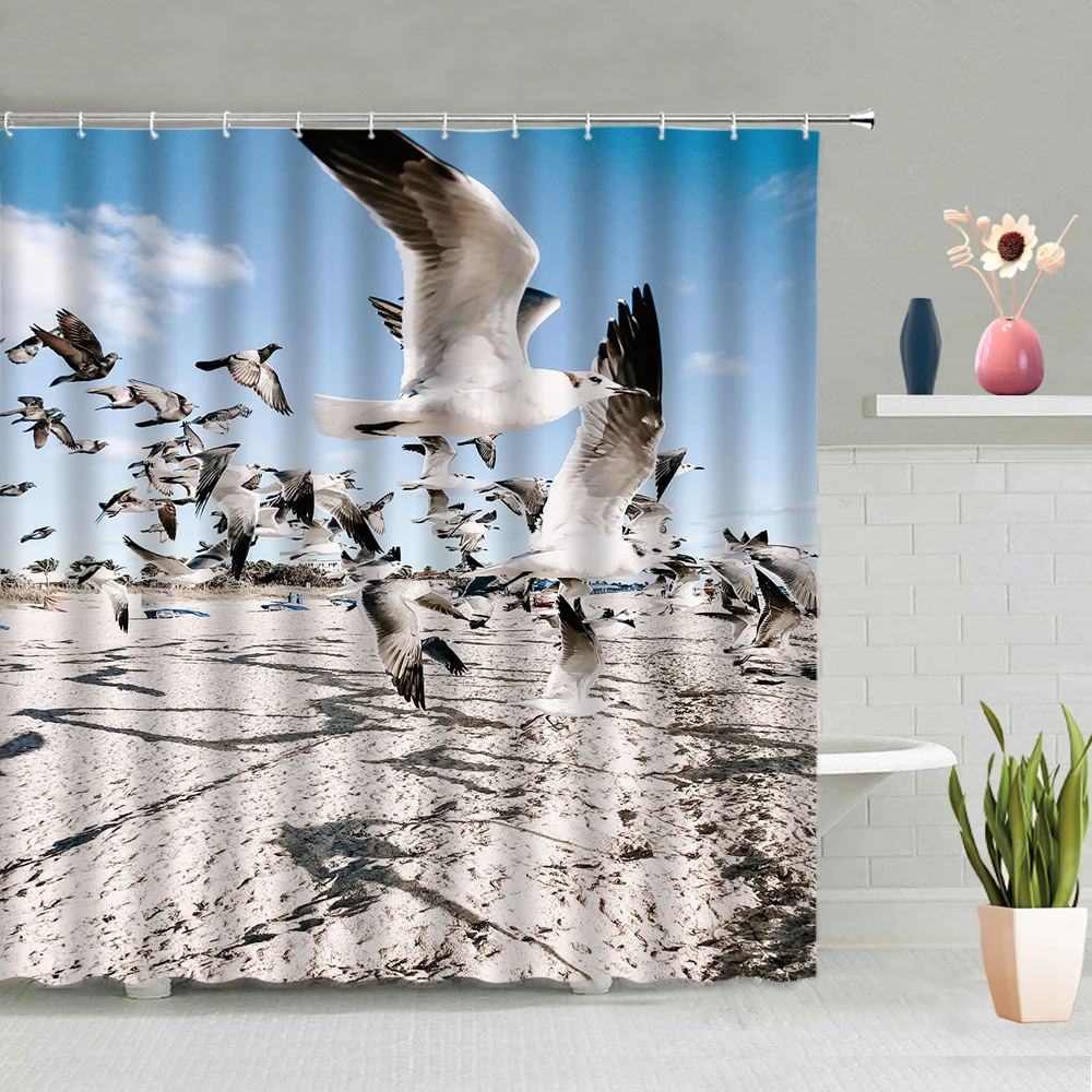 

Shower Curtain Sea Sparrow Goose House Building Seagull Beach Background Bathroom Decoration Machine Washable Fabric With Hooks