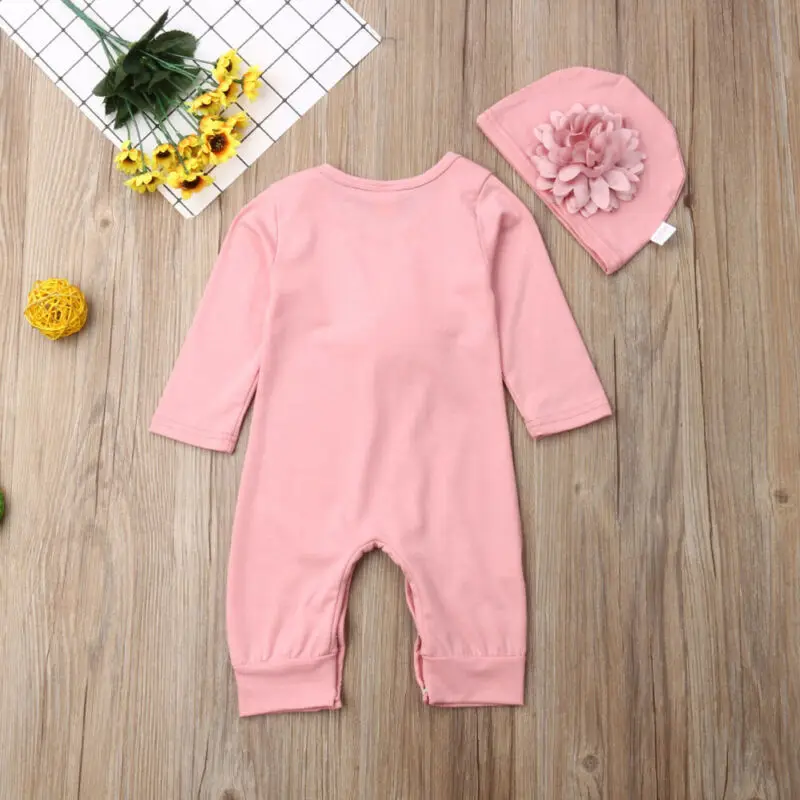 

2PCS Newborn Baby Girl Clothes 3D Flower Romper Long Sleeve Jumpsuit Hat Outfit Solid Autumn Set