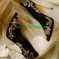 Lady  Embroidered Suede Crystal Embellished Pointed Toe High Heels Pumps Black Gold Wedding Heels Embroidered Rhinestone Pumps