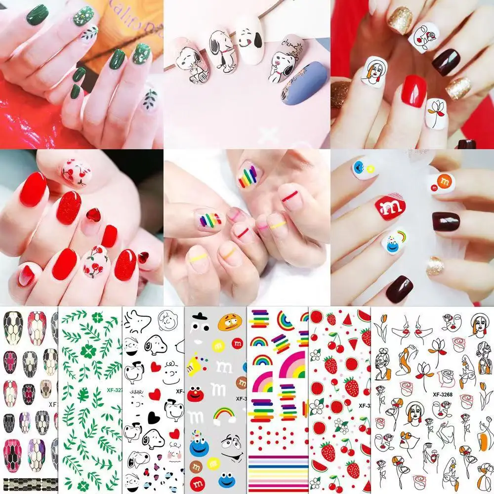 

9 Designs Nail Stickers Green Leaf Rainbow Strawberries Cherries Water Decals Nail Art Decorations Wraps Flakes Sliders Manicure