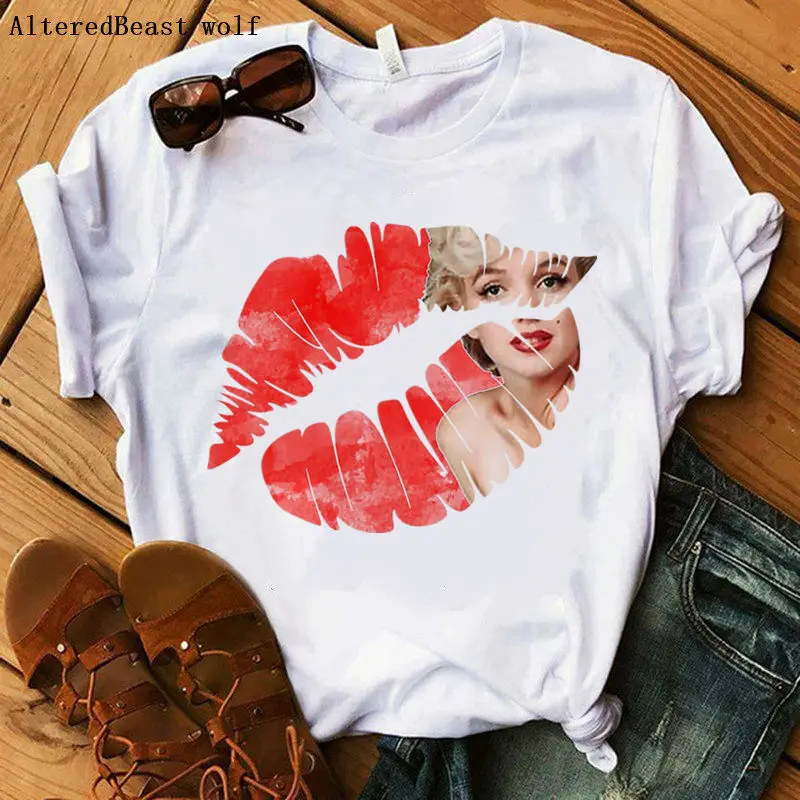 

Marilyn Monroe sexy red lips women summer fashion print t shirt women 2021 casual short sleeve harajuku female tops tee