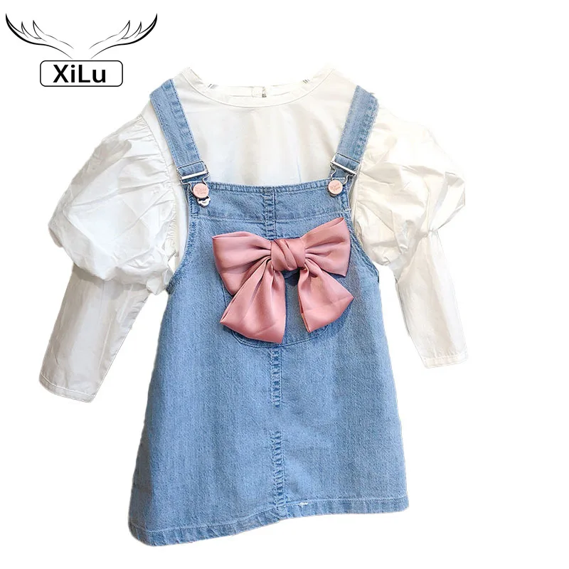 

Girls Puff Sleeve Top and Denim Suspender Skirt Two-piece Suit Toddler Girl Fall Clothes Halloween Clothes Girl Christmas Outfit