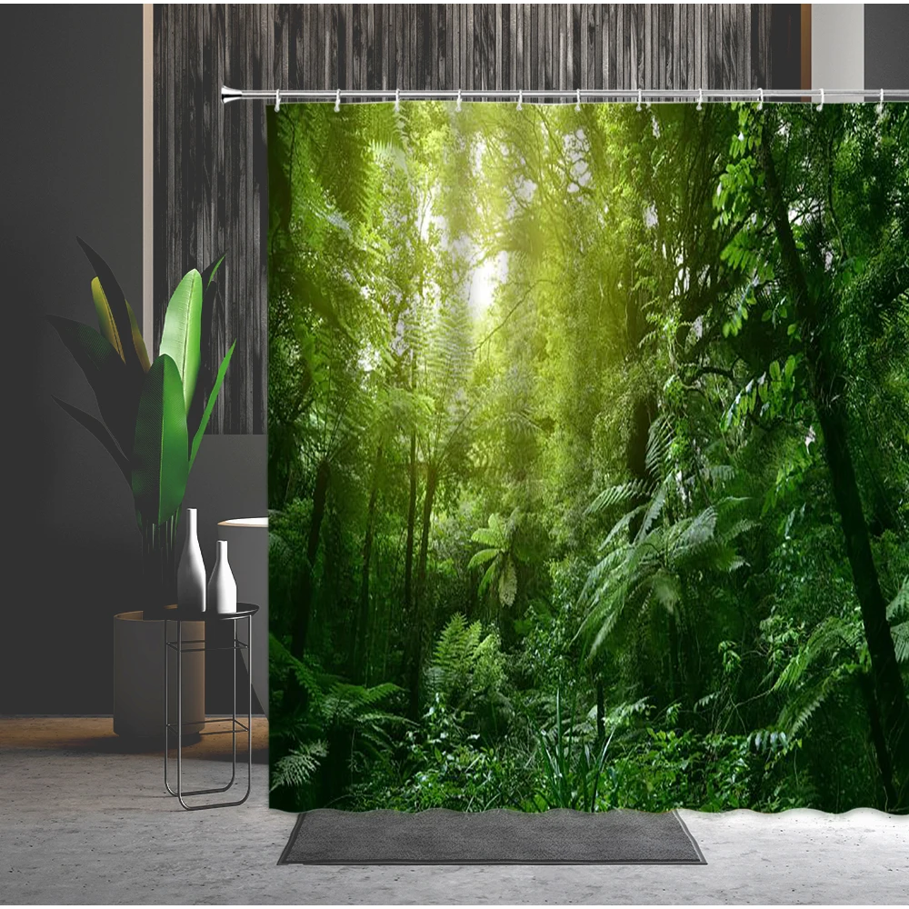 

Bathroom Curtains Green Forest Flower Roman column 3D Printing Machine Washable Bathtub Decoration Shower Curtain Set With Hooks