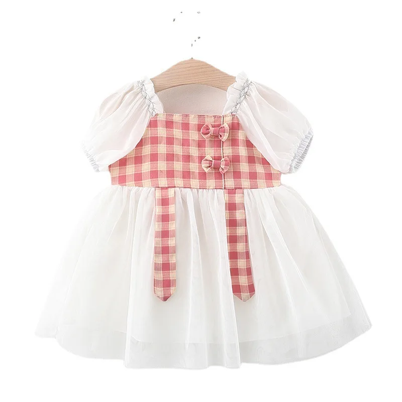 

Summer New Girls' Skirts Foreign Trade Popular Style Baby Girl Bubble Sleeve Princess Dress Plaid Stitching Gauze Dress