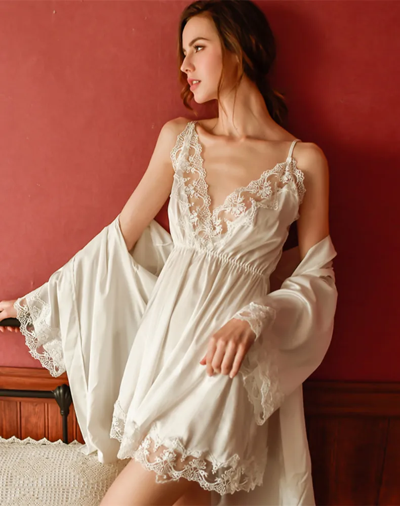white set Yhotmeng сексуальное кружевное ажурное шелковое кружевное сексуальное женское нижнее белье без рукавов с v-образным вырезом халатик и ночная рубашка - Цвет: white set