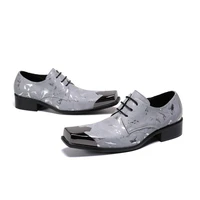 gentleman elegant square toe grey printed lace up high heels formal wedding party man leather shoes