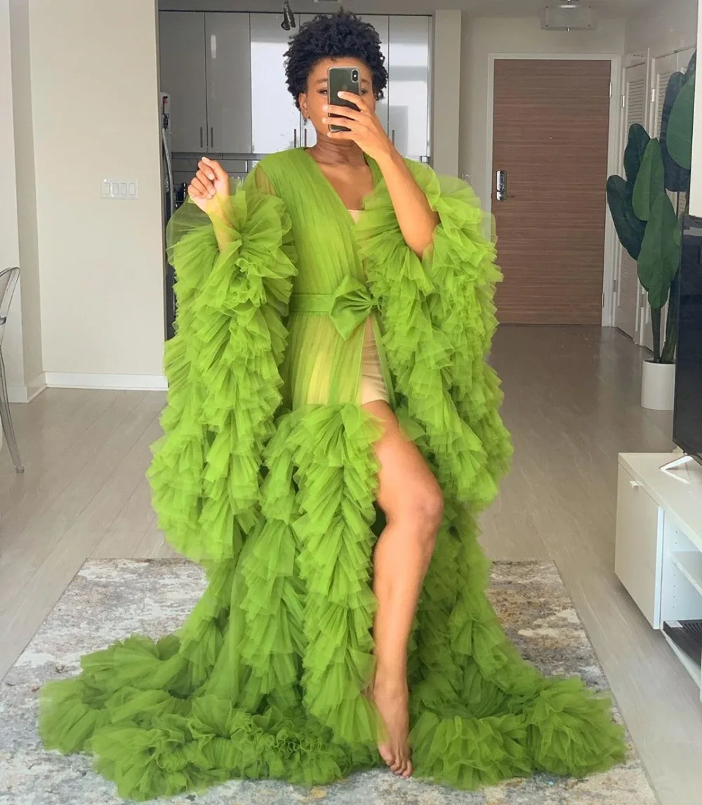 2020 Green Tulle Maternity Robes Women Sheer Long Maxi Photoshoot Fluffy Tiered Tulle Robe Formal Event Overlay Dress