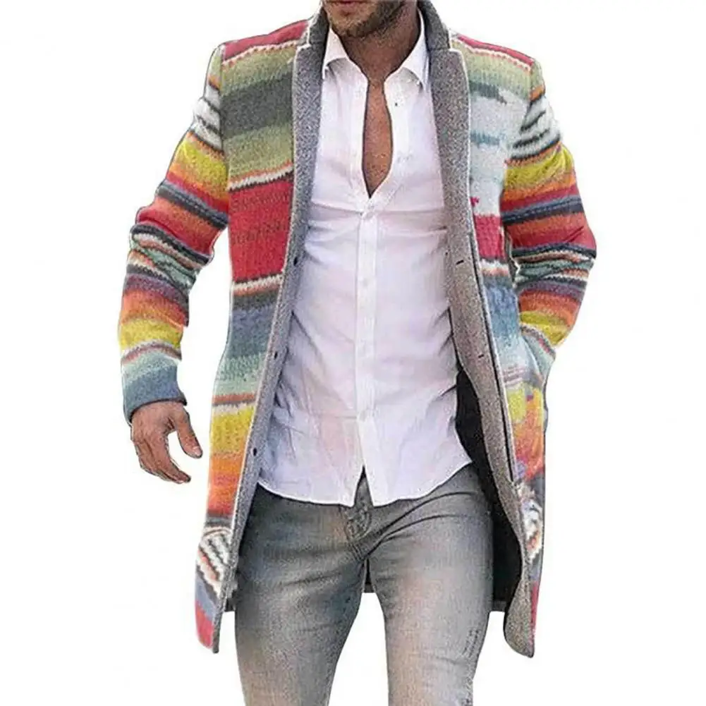

2021 New Autumn Men Jackets Color Stripe Coat Thick Warm Single-breasted Long Sleeve Jacket Work Knitted Winter Dropshipping