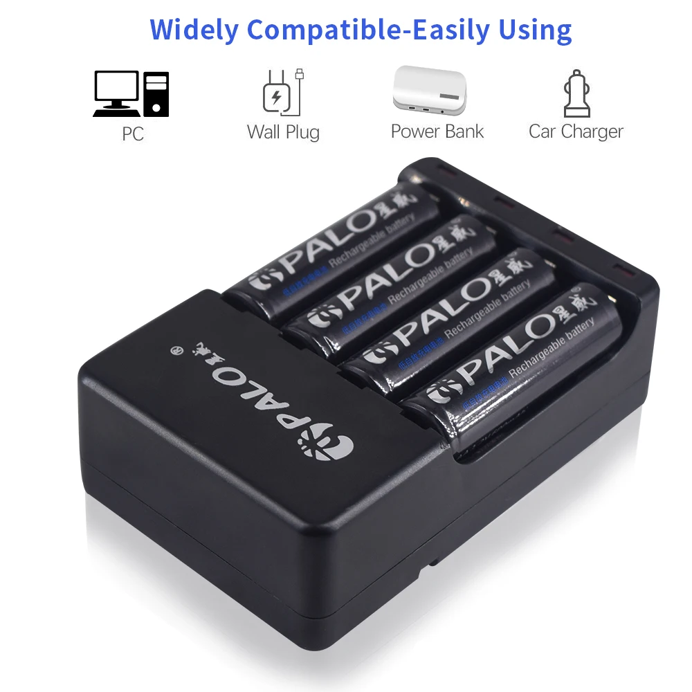 PALO USB Smart Battery Charger + 4pcs AA Rechargeable 1.2V AA1300mAh Ni-MH 2A Baterias | Электроника