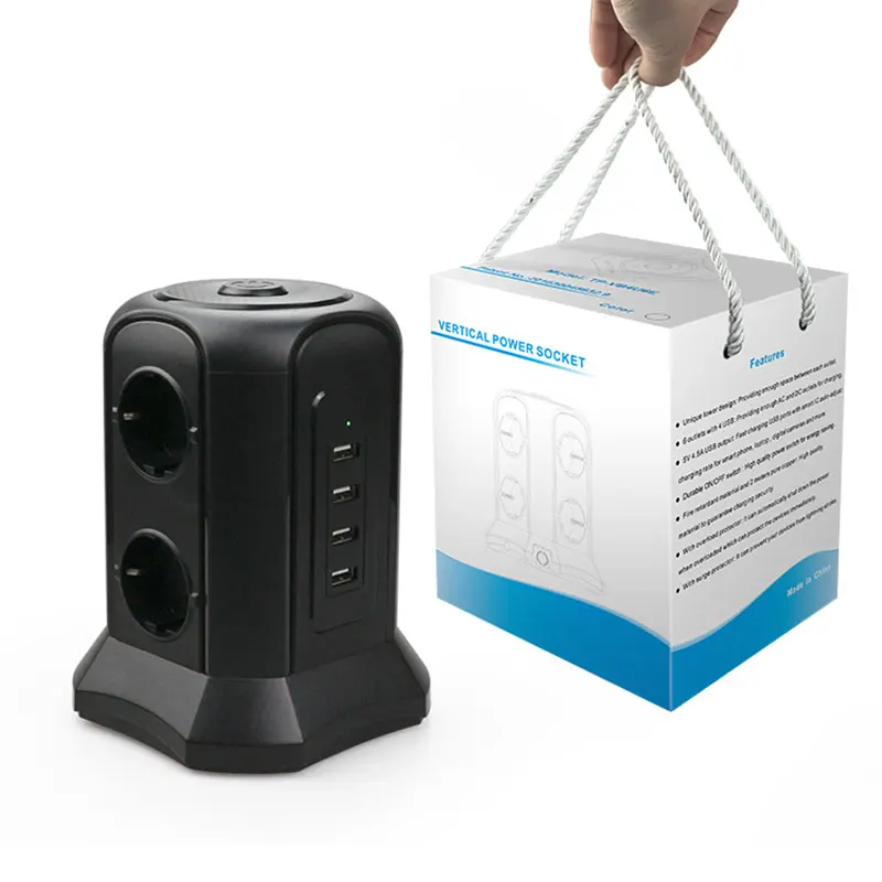 

TESSAN Multiple Vertical Power Strip EU Electrical Plug Outlet 6 Way Socket Tower 4 USB Ports 2m Cable Short Circuit Protection