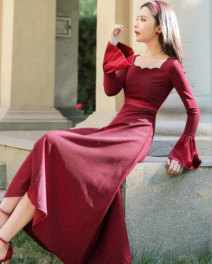 

Elegant Vintage Swing Dress Autumn / Fall Dot Print Maxi Dress Long Sleeve Party Ladies Dress Vestidos