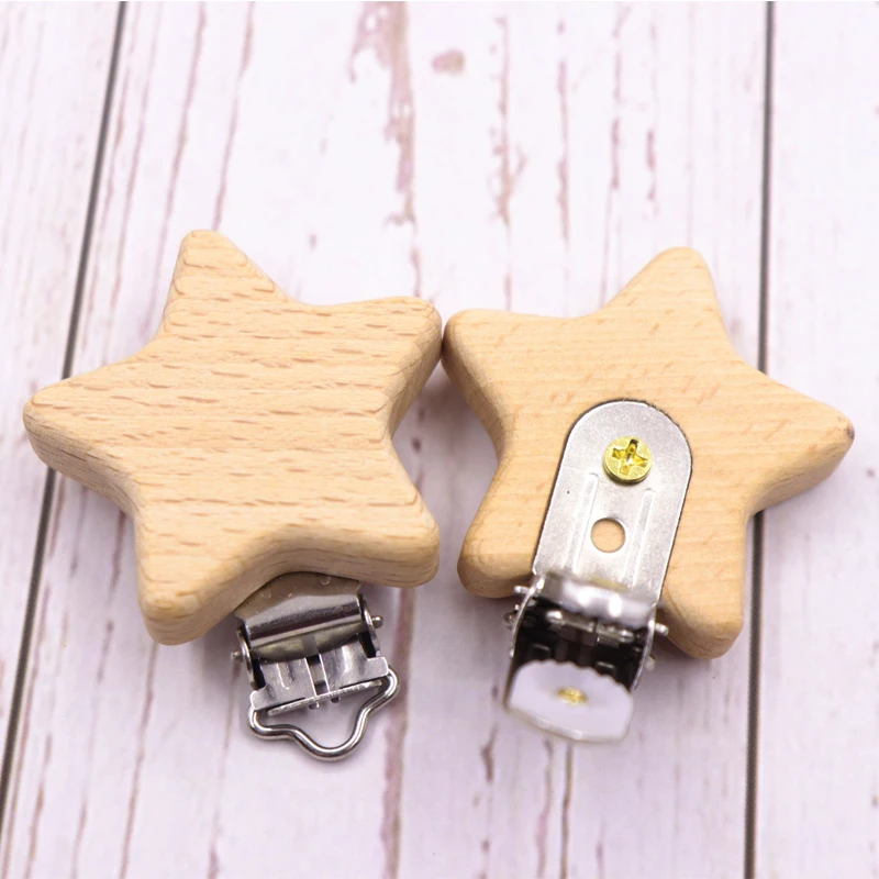 Chupete de madera Natural con forma de Animal para beb&eacute;, Clips de Metal, accesorios para beb&eacute;, soporte de grado alimenticio, mordedor de madera para beb&eacute;, 5 uds.-4
