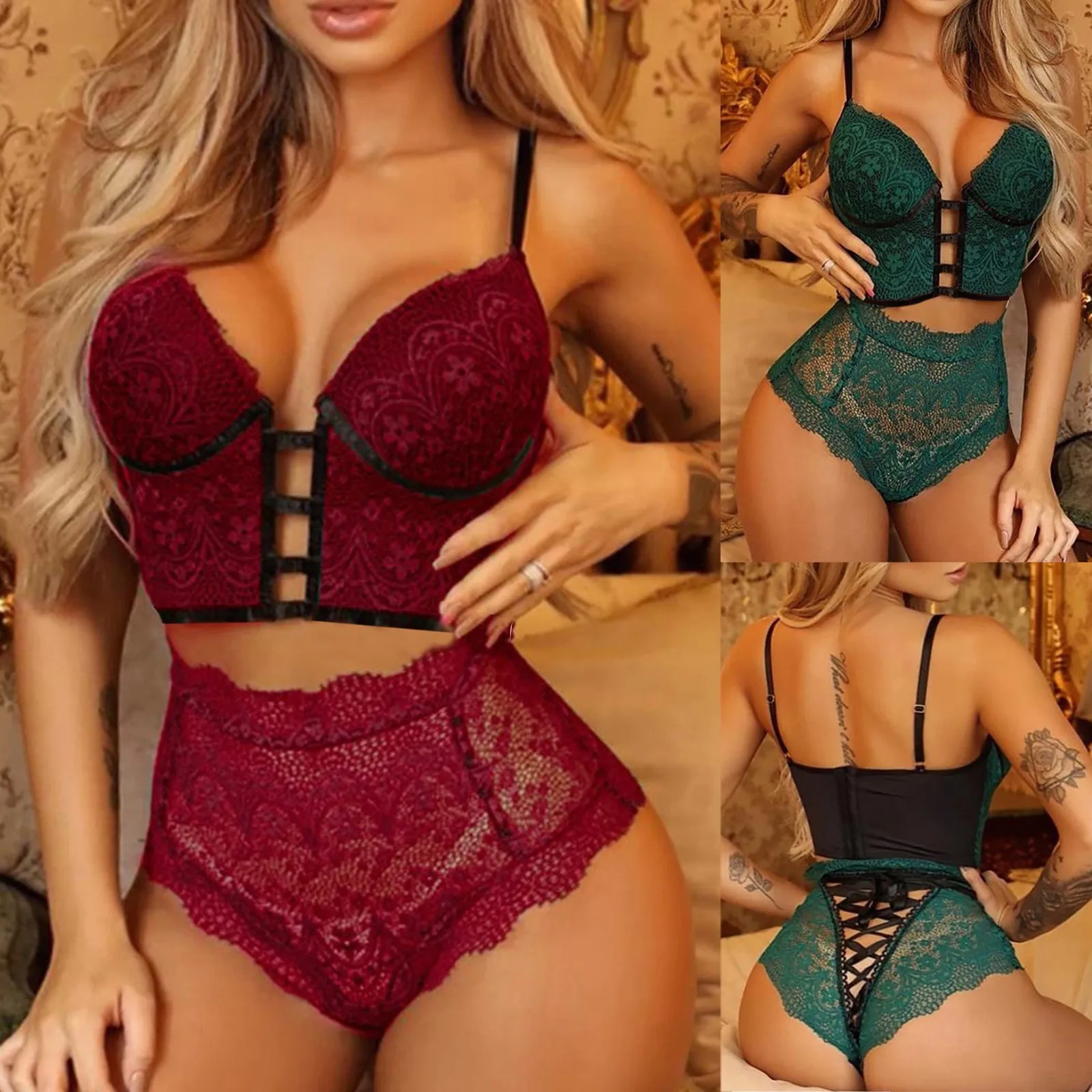 

Sexy Lingerie Plus Size Women Lace Wireless Bra Tempting Solid Color Hollow Out Lingerie Set Hollow Bandage Thong Underwear 2021