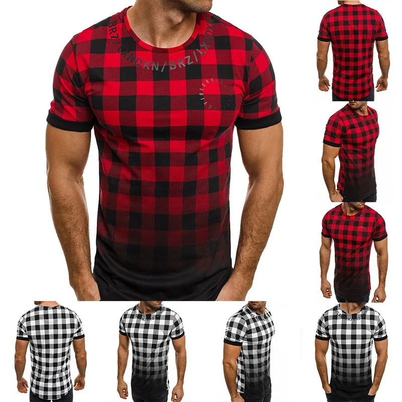 Мужская футболка в клетку с круглым вырезом градиентная свободная облегающая Мягкая Повседневная коротким