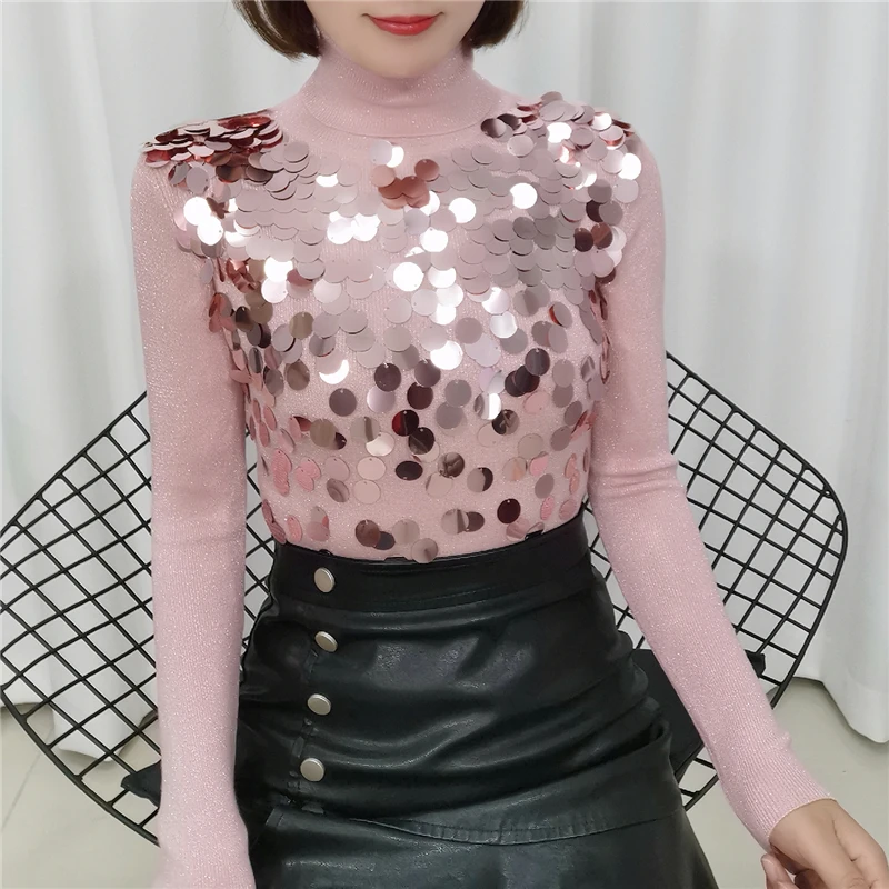 

2021 Women Shiny Thicken Warm Sequin Sweater Female Harajuku Tassel Sequins Bead Sweaters Knitted Jumper Femme Pullovers Mujer