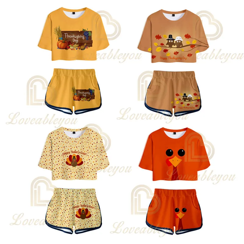 Thanksgiving Day Print Womens Tracksuit Two Piece Set Women Suits Shorts Crop Tops and Shorts Summer Sexy Sets