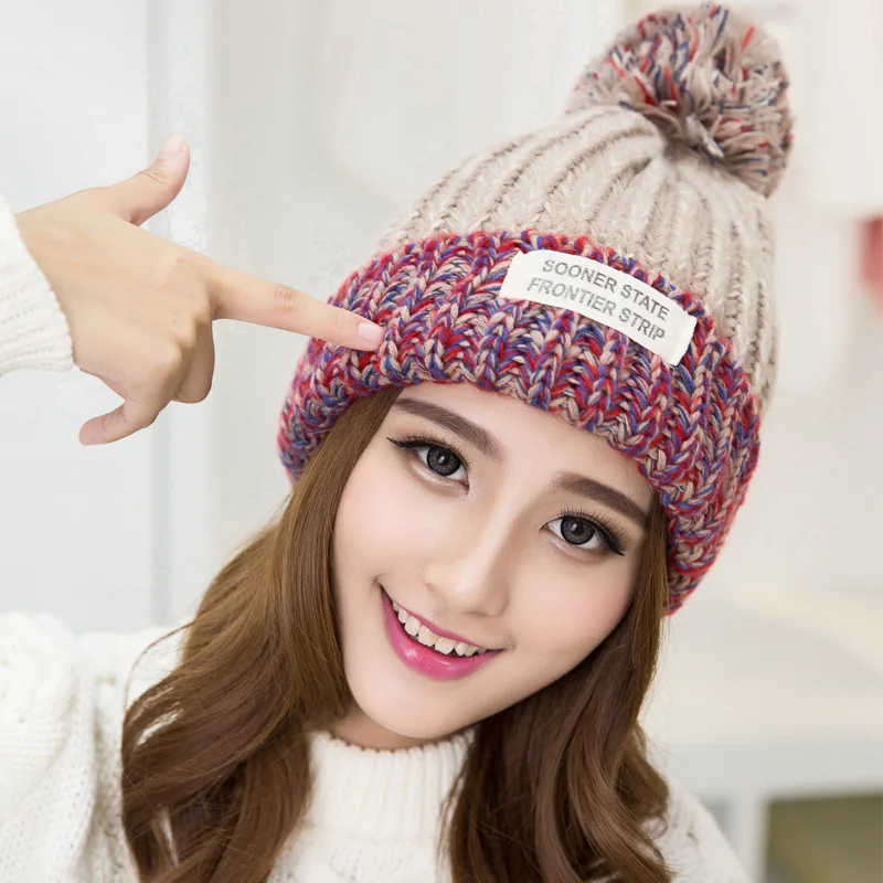 

Корейская Зимняя шерстяная шапка с маркировкой, женские толстые теплые шапочки с нашивкой, облегающие шапки, шапки, разноцветная вязаная шапка, женская шапка, облегающая шапка, шапки
