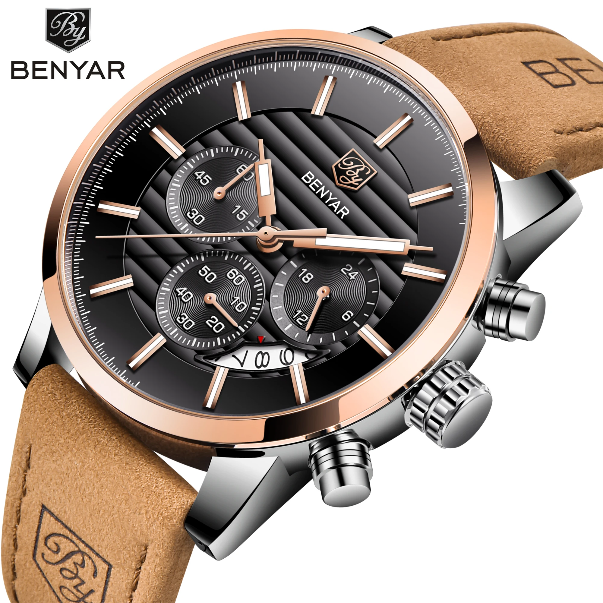 

BENYAR Fashion Black Golden Quartz Watch Genuine Leather Waterproof Men Wristwatch Luxury Brand Luminous Sport Casual Date Clock