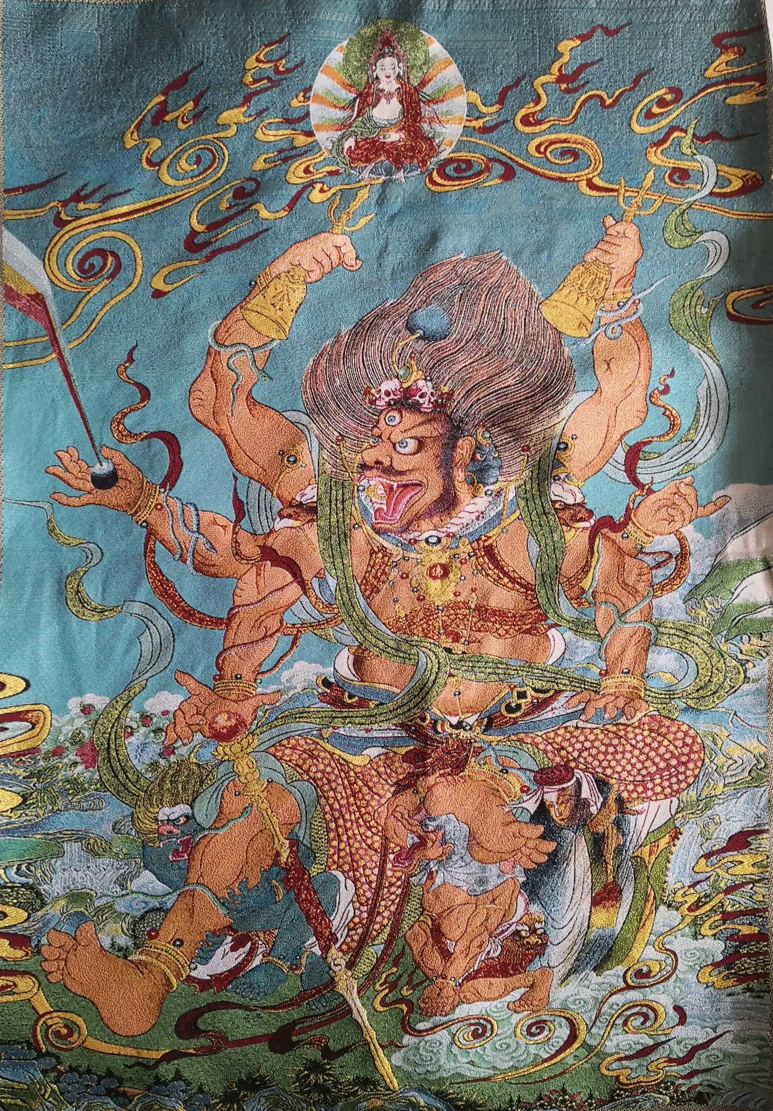 

36" Tibet Tibetan Embroidered Cloth Silk Buddhism Mahakala Wrathful Deity Tangka Thangka Mural Buddha Home Decor