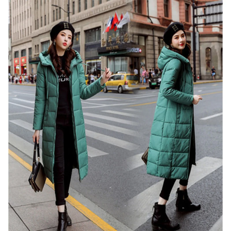 

Новое модное женское зимнее приталенное пальто из хлопка, длинное однотонное теплое пальто с капюшоном и хлопковой подкладкой