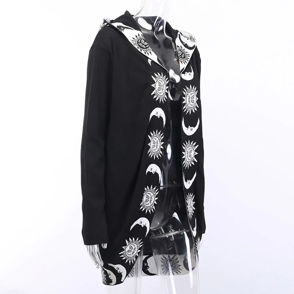 Женский длинный кардиган с принтом Луны и солнца свитер капюшоном топы