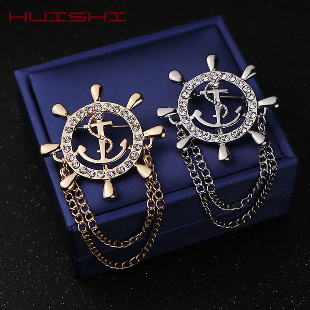 HUISHI Crystal Brooch Golden Ship's Anchor Rudder Brooches For Mens Suit Badge Lapel Pin Men Women Chain Christmas Gift | Украшения и