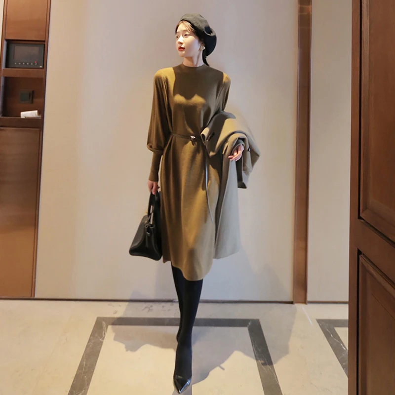 

SuperAen Solid Half High Collar Mid-Calf Straight Casual Wool Knitted Dresses for Women