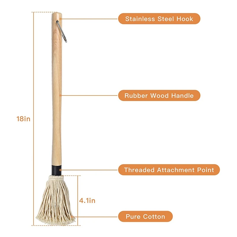 

HOT 4 Pack Grill Basting Mop Wooden Long Handle with 4 Extra Replacement Heads,BBQ Basting Mop for Grilling Barbecue Cooking