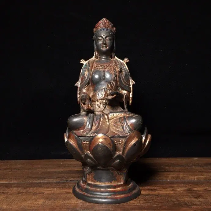 

11"Tibet Buddhism Temple Old Bronze Gilt Cinnabars Free Avalokitesvara Buddha Statue Guanyin sitting on the lotus platform