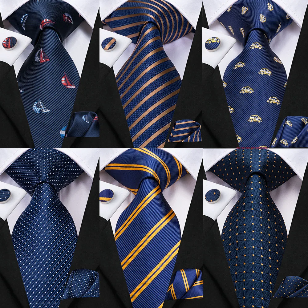 

Hi-Tie Silk Mens Wedding Tie Navy Blue Striped Solid Gift Necktie For Men Fashion High Quality Hanky Cufflink Set Business Party