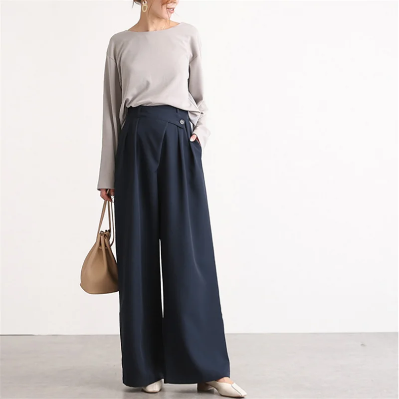 

2021 New Spring Autumn Fashion Casual Women Wide Leg Pants Long Trousers Ladies Solid Loose High Waist Pant Female Pants Y78