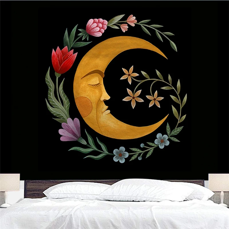 Bohemian modern home decoration tapestry wall hanging beach towel black moon butterfly flower printed brushed fabric Tapestry