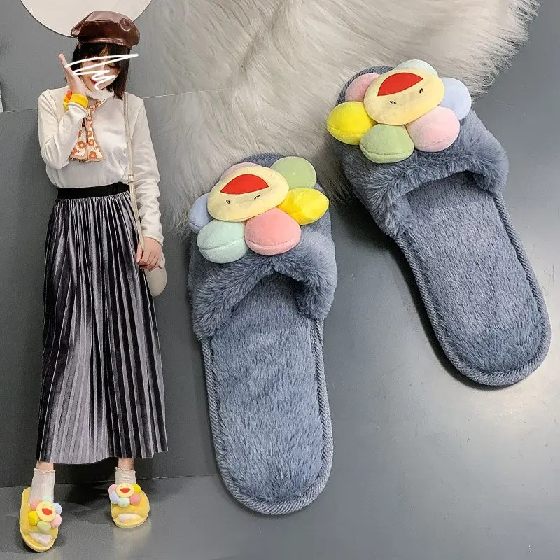 

Faux Fur Women Slippers Shoes Woman New Fashion Flower Winter Slippers Slip on Flip Flops Fur Slippers Female Slides Plus Size