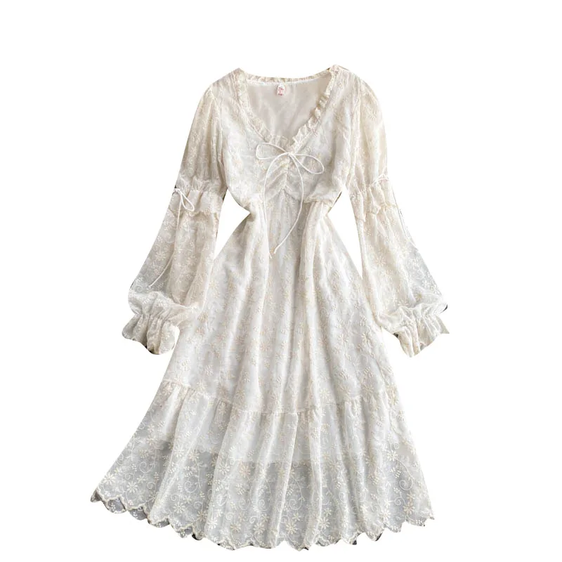 

dress spring new product temperament V-neck waist slim retro heavy industry embroidery lace sweet first love