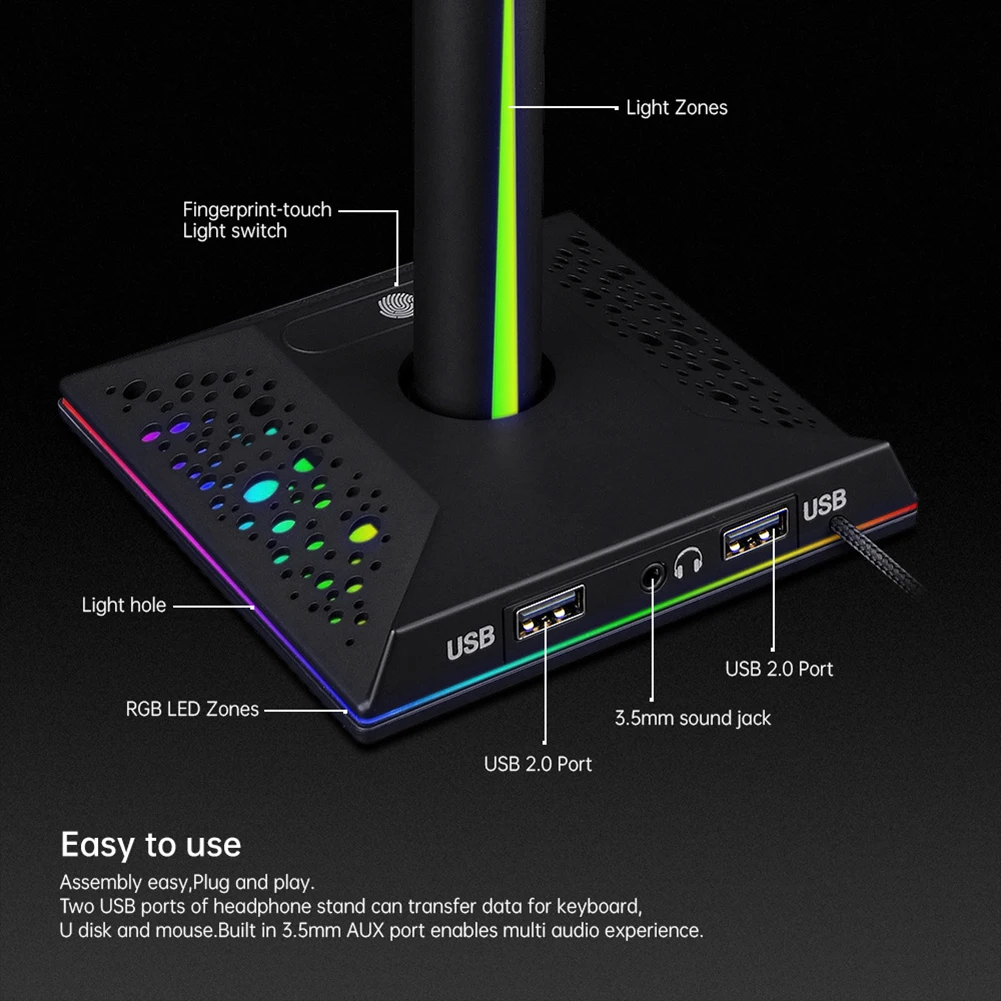 gaming headset stand with usb and 3 5mm audio ports rgb headphones holder for gamer gaming pc accessories tablet laptop desk free global shipping