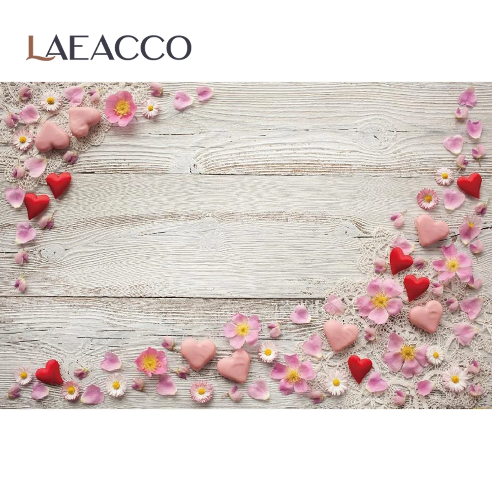 Фоны Laeacco для фотосъемки с изображением деревянной доски сердец цветов домашних