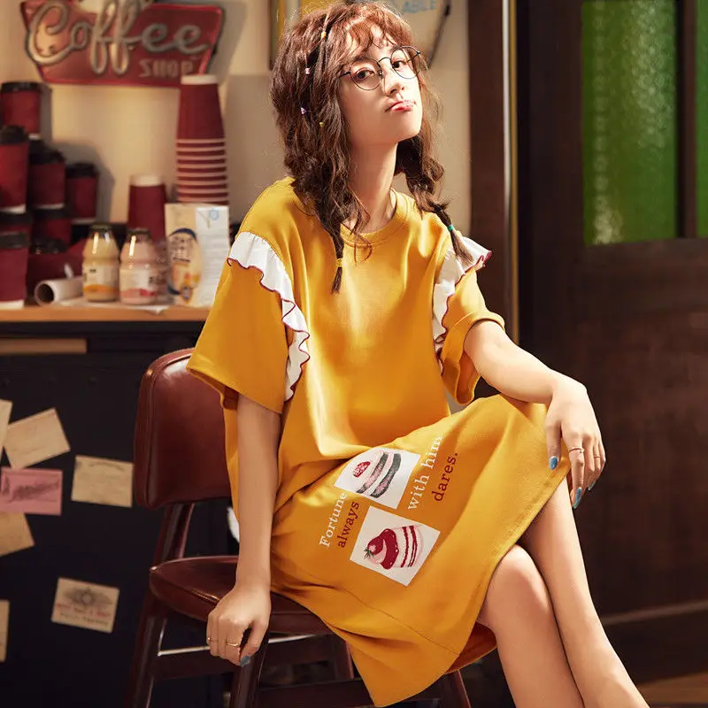 Short-sleeved Nightdress Female Summer Cotton Korean Student Loose Pajamas Female Spring and Autumn Thin Section Princess Skirt