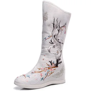 Новинка, женские сапоги, высокие сапоги, сапоги с цветочной вышивкой, Женская Тканевая обувь