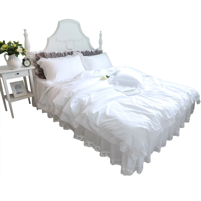 

100% Cotton Lace Pure White Bedding Set Princess Thick Cotton 4pcs Set Ruffles Bedding Kit US King Queen Size Pink Duvet Covers
