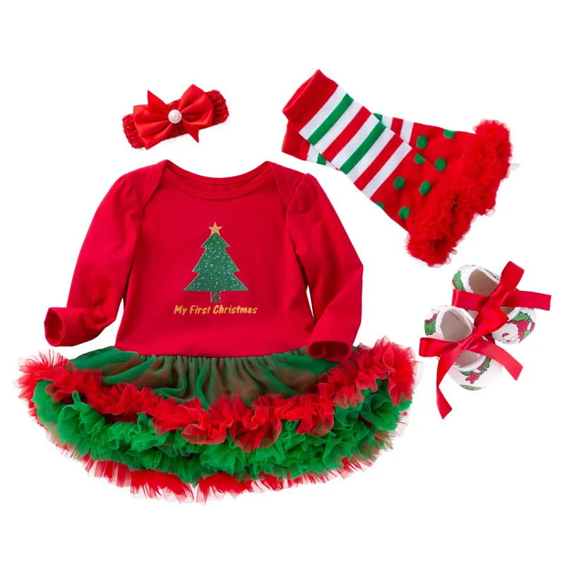 Baby Girl Dress Set My First Christmas Costume Tutu Dresses NewbornToddler Girls Outfits 4pcs Red Romper Shoes Headband Socks | Детская