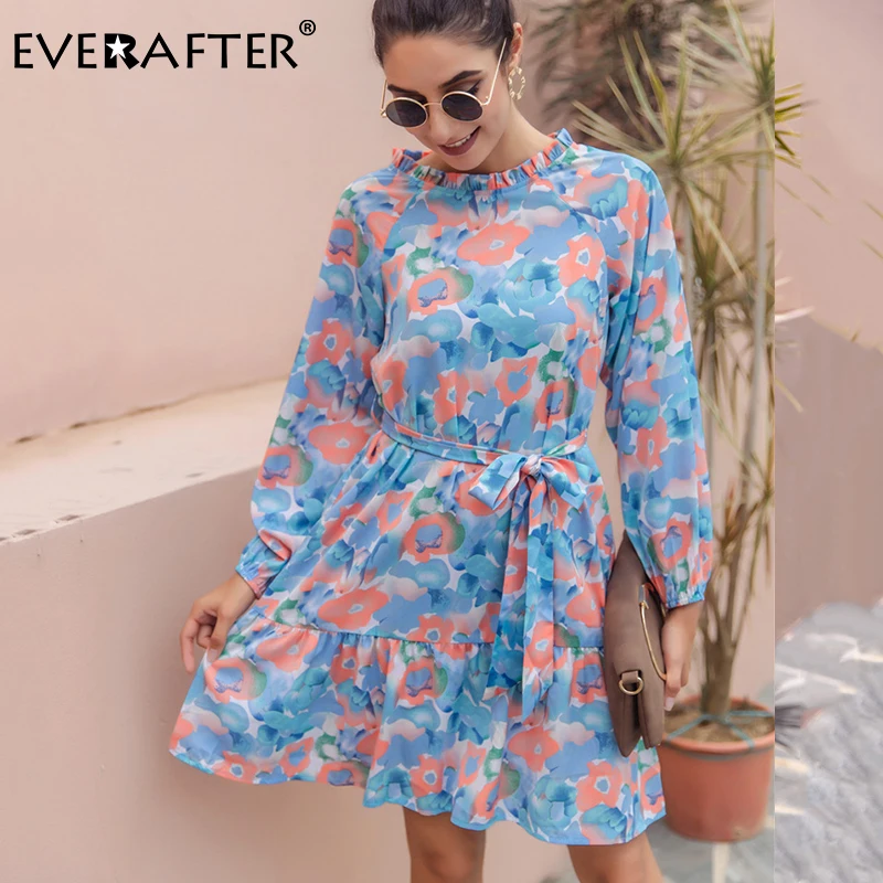 

EVERAFTER женское платье с воротником-стойкой, длинным рукавом, бантом, поясом, на шнуровке, леопардовым принтом, осенне-зимнее Повседневное пла...