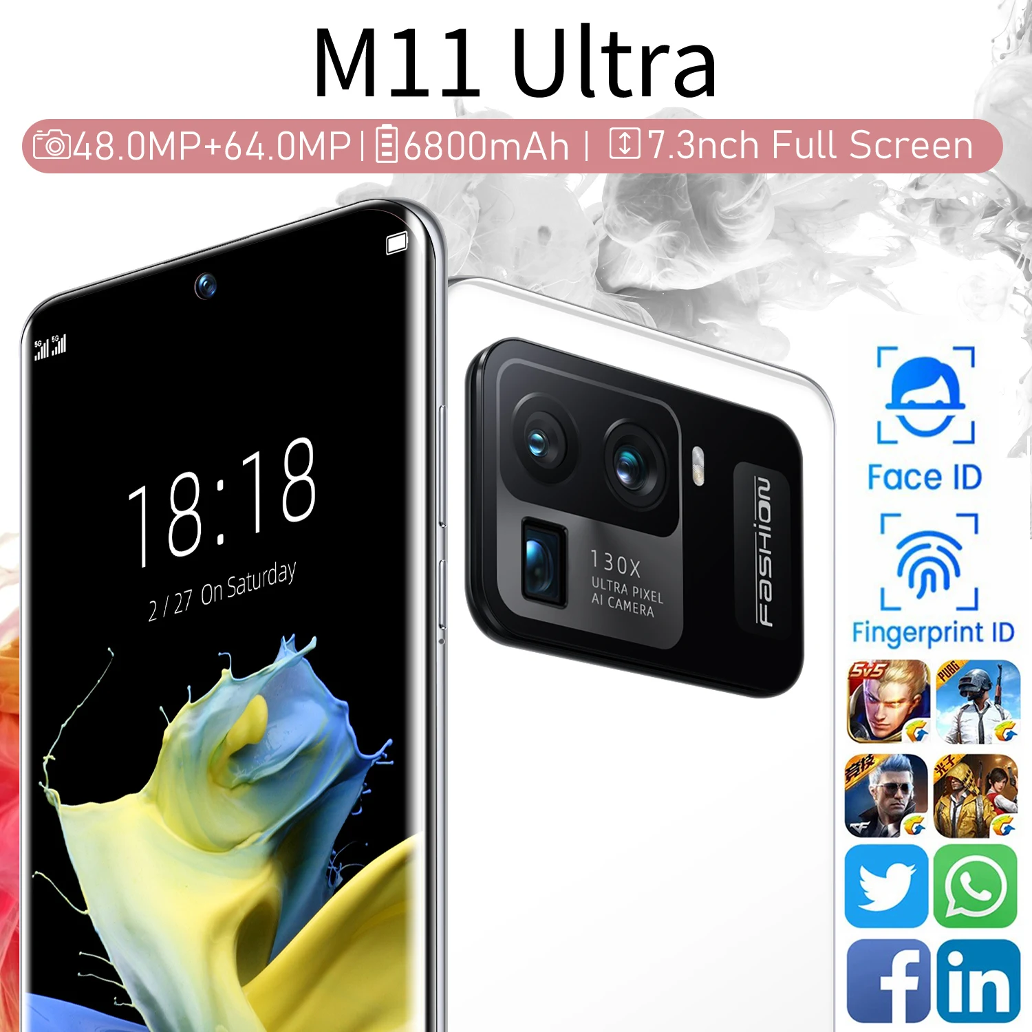 

2021 New M11 Ultra 7.3 Inch 16+512GB 10 Core Andriod 11 Smartphones 6800mAh 48MP+64MP Cell Phones Qualcomm Snapdragon 888 Global