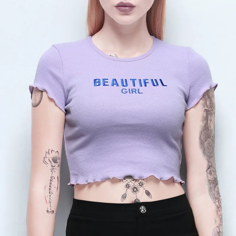 Женский укороченный топ в уличном стиле винтажный с вышивкой и рюшами фиолетовый